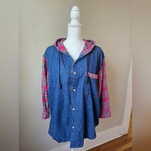 Variations Denim Shirt with Red Flannel Plaid Sleeves And Hood